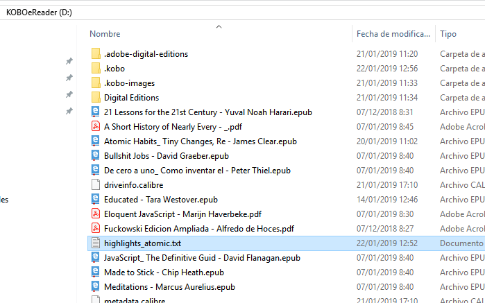 exportar notas kobo fichero exportado notas
